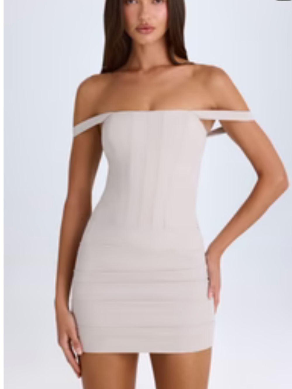 Oh Polly Off-Shoulder Corset Mini Dress in Taup